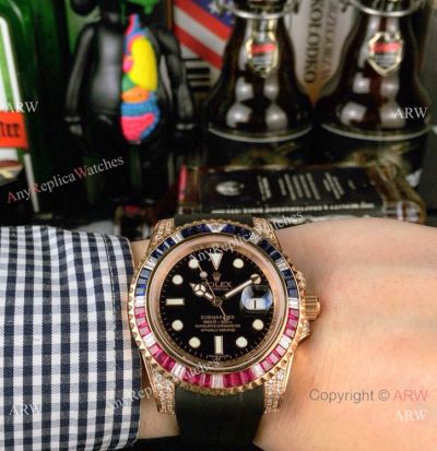 New Rolex Submariner Rose Gold Rubber Bracelet Rolex Rainbow Fake Watch